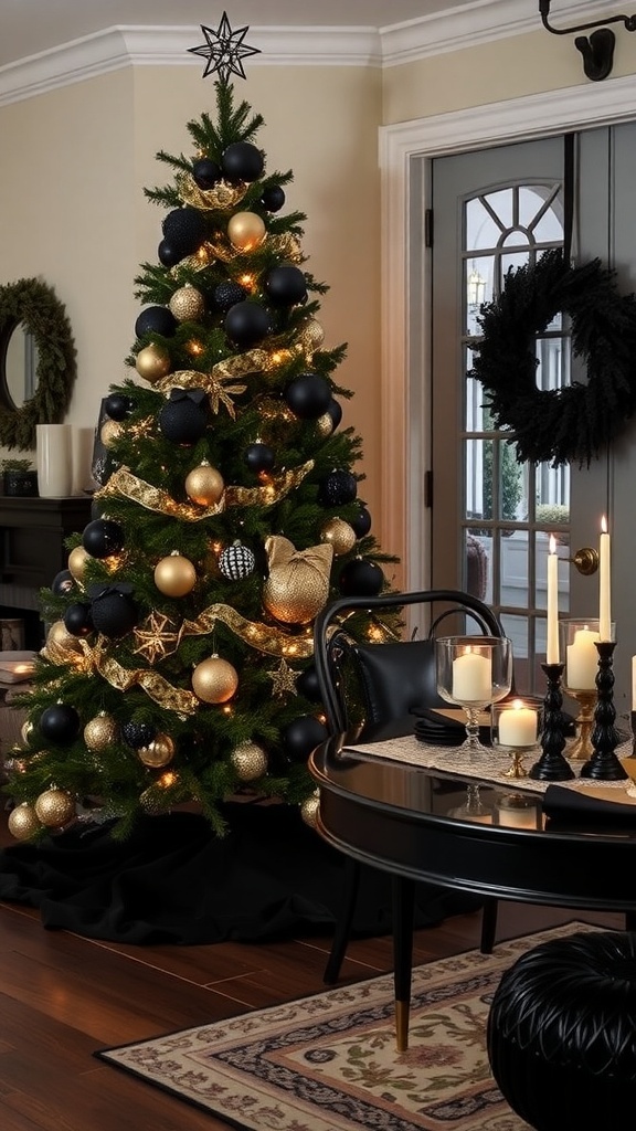 Elegant black Christmas decor featuring a black tree with ornaments, a black table setting, and a black wreath.